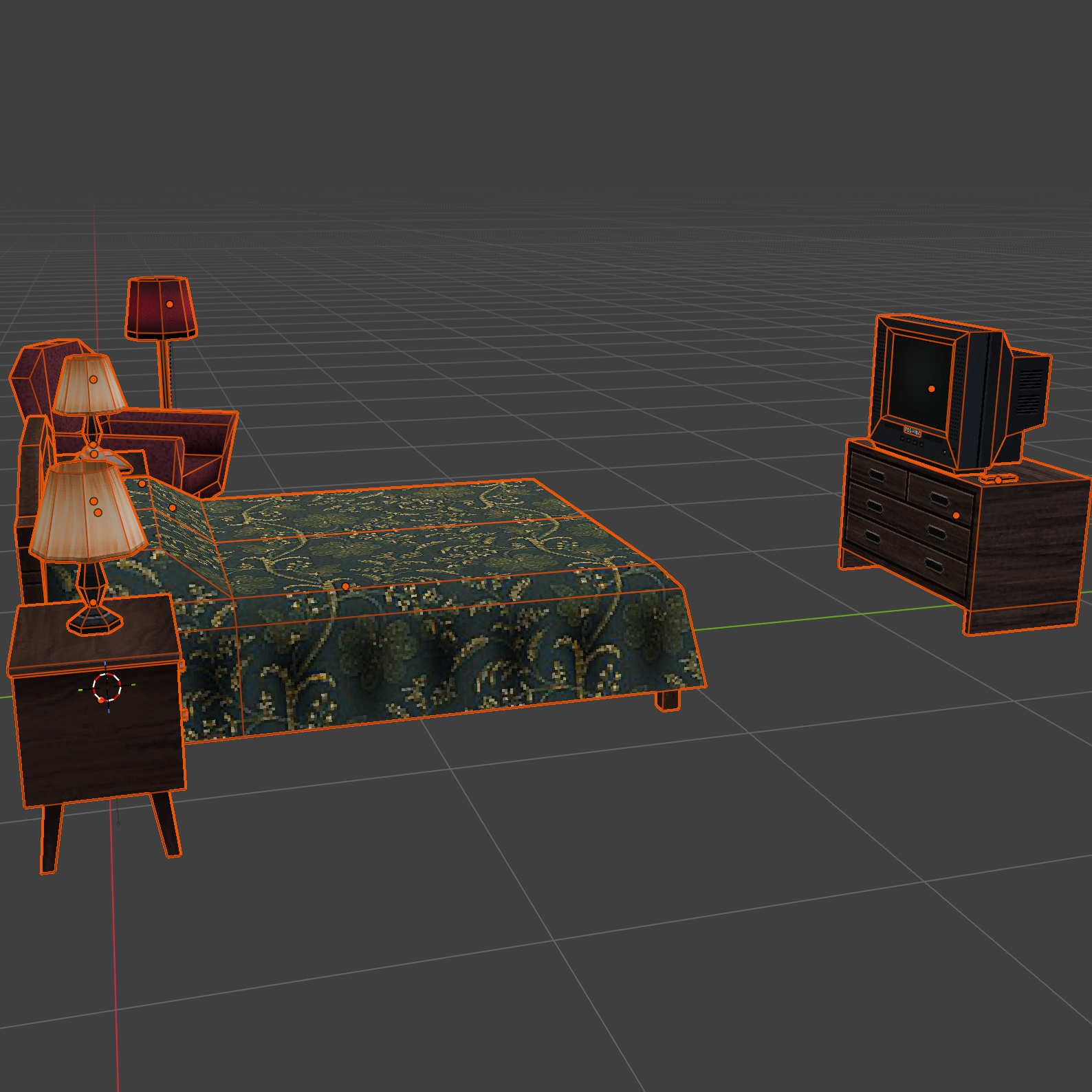 A 3D model of a motel room set